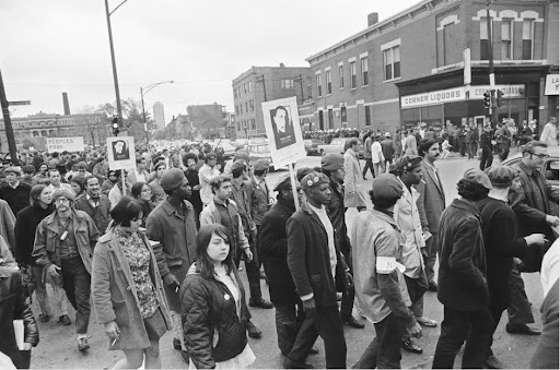 Young Lords members protesting the Vietnam War in a march from Lincoln Park to Humboldt Park, 1969.